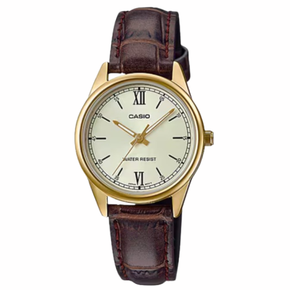 Casio General LTP-V005GL-9BUDF Analog Gold Dial Brown Leather Band Women Watch